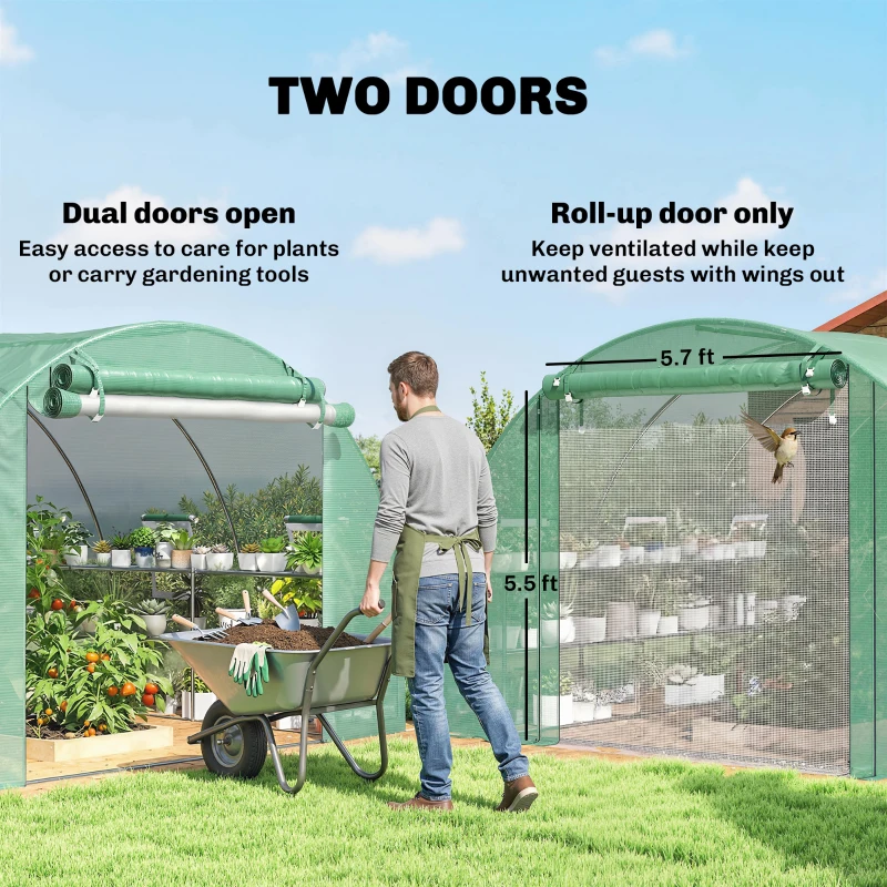 Outsunny 10'x11'x6' Walk-in Tunnel Greenhouse with Shelves, Mesh Door and Windows, Hoop House Greenhouse with PE Cover, Green