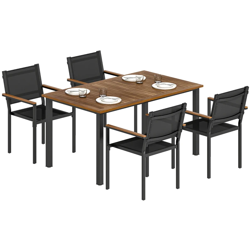 Outsunny Outdoor Dining Set for 4, Patio Table and Chairs Set with 59" Rectangle Acacia Wood Table and 352 LBS Stackable Chairs