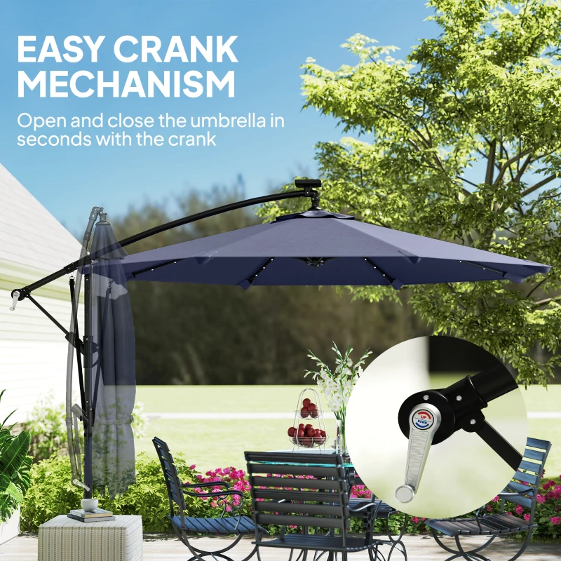Outsunny 9.7ft Solar LED Cantilever Patio Umbrella with 32 LED Lights, Cross Base, Crank Handle, for Poolside, Deck, Dark Blue