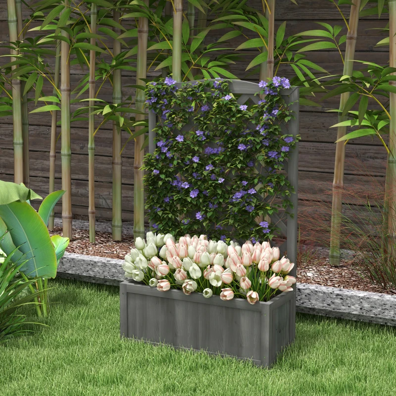 Outsunny Wood Planter with Trellis for Vine Climbing, Raised Garden Bed to Grow Vegetables for Backyard, 28" x 11" x 46", Grey