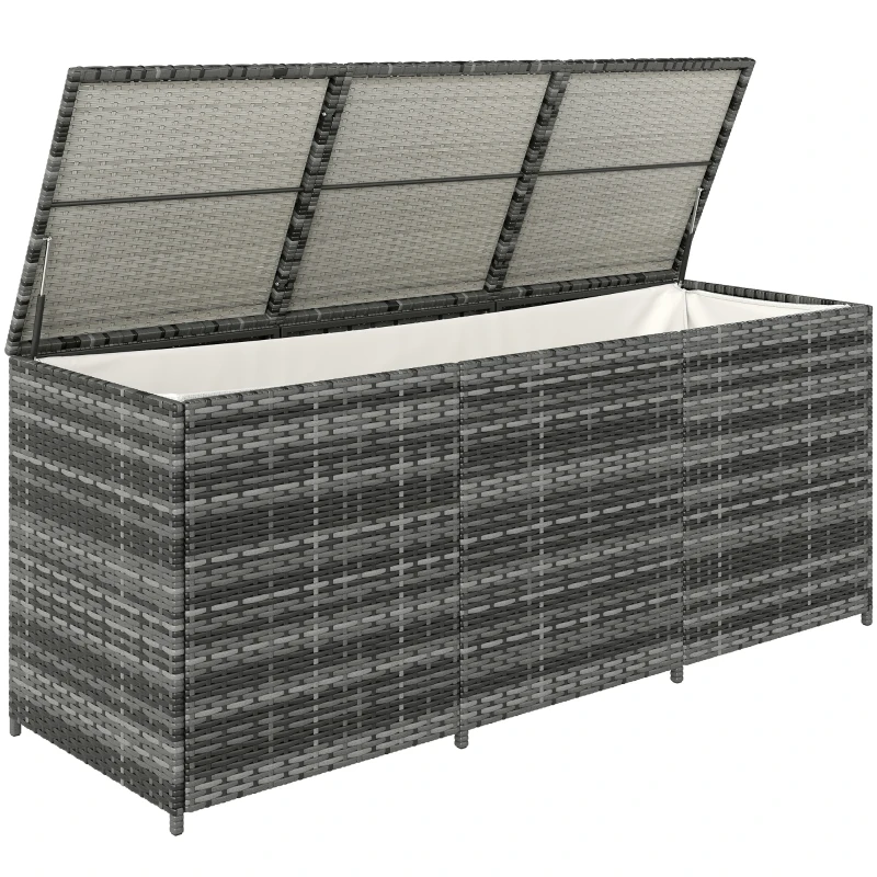 Outsunny 175 Gallon Outdoor Storage Box with Inner Liner, PE Rattan Wicker Deck Box with Pneumatic Bar Lift, Mixed Gray