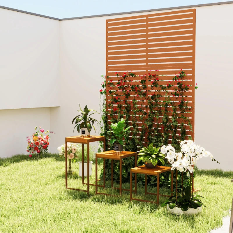 Outsunny Decorative Outdoor Privacy Panel, Freestanding Metal Outdoor Divider with Stand for Garden, Backyard, Deck, Pool, Brown