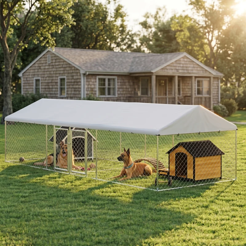 PawHut Two Room Outdoor Dog Kennel, Dog Run with Roof, Waterproof UV-Resistant Cover, Secure Lock, 19.7' x 7.5' x 5.2'
