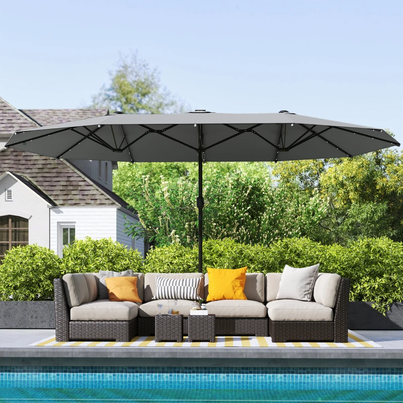 Outsunny 173" Double-Sided Sun Umbrella Garden Parasol Patio Sun Shade Outdoor with LED Solar Light, No Base Included, Dark Gre