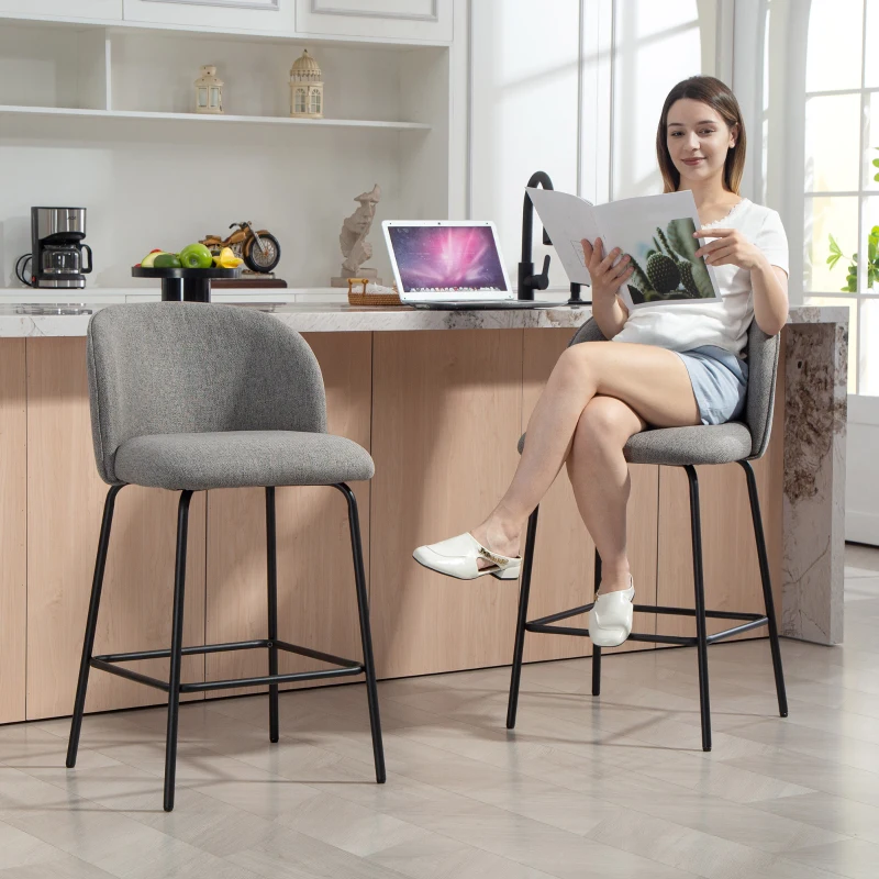HOMCOM Set of 2 Counter Height Barstools, Upholstered Linen Bar Stools with Backrest, Footrest and Steel Legs, Dark Grey