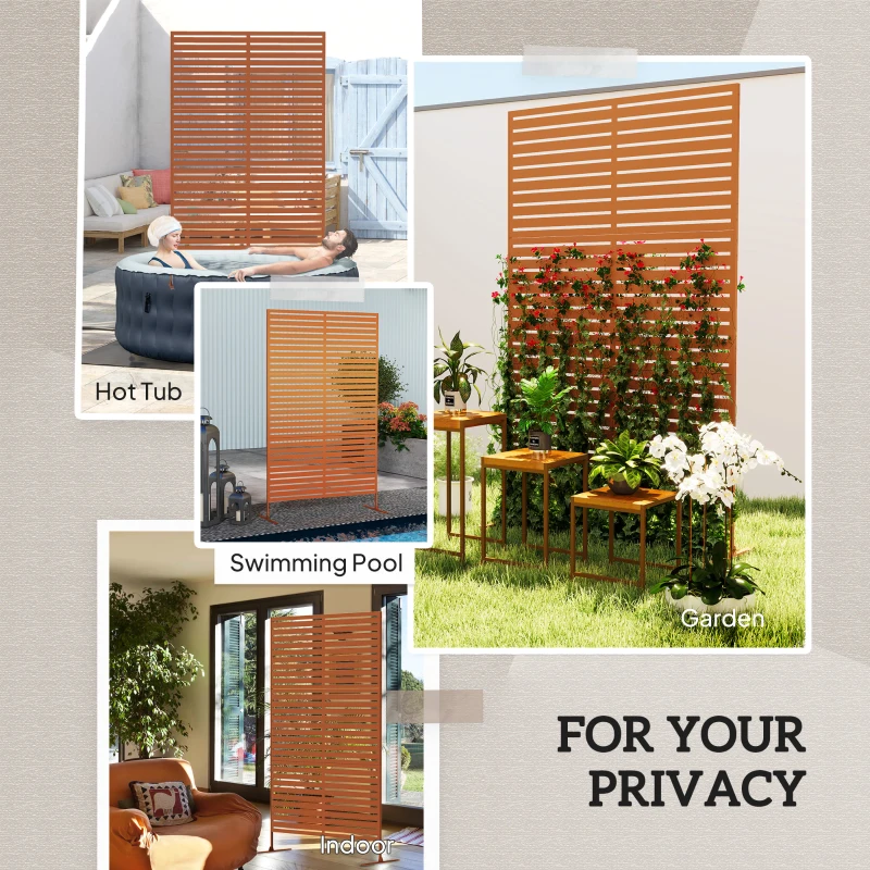 Outsunny Decorative Outdoor Privacy Panel, Freestanding Metal Outdoor Divider with Stand for Garden, Backyard, Deck, Pool, Brown