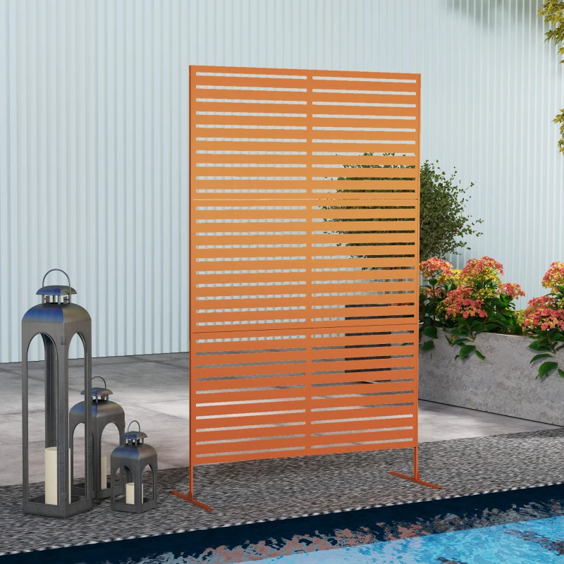 Outsunny Decorative Outdoor Privacy Panel, Freestanding Metal Outdoor Divider with Stand for Garden, Backyard, Deck, Pool, Brown