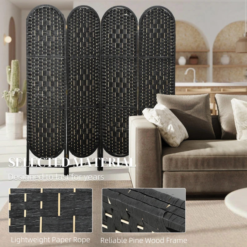 HOMCOM Bohemian Privacy Screen, Folding Room Divider with 4 Panels and Arched Top for Bedroom Living Room Office, Black