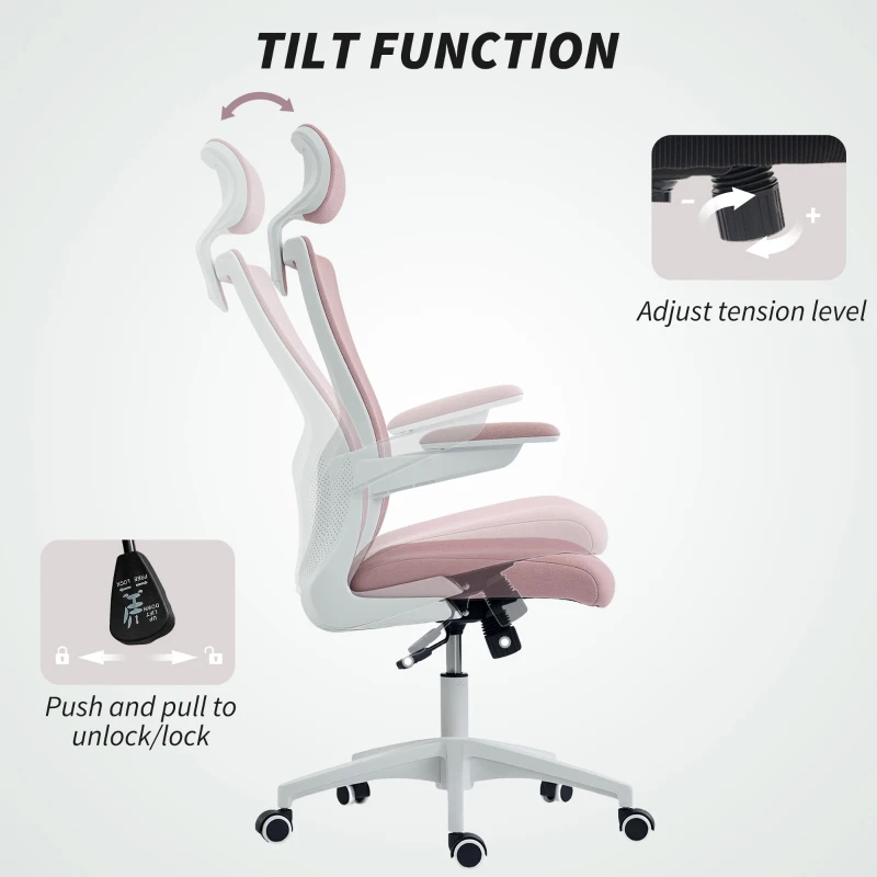 HOMCOM Ergonomic Office Chair, Swivel Desk Chair with Adjustable Lumbar Support, Headrest and Height, Flip-up Armrests, Pink
