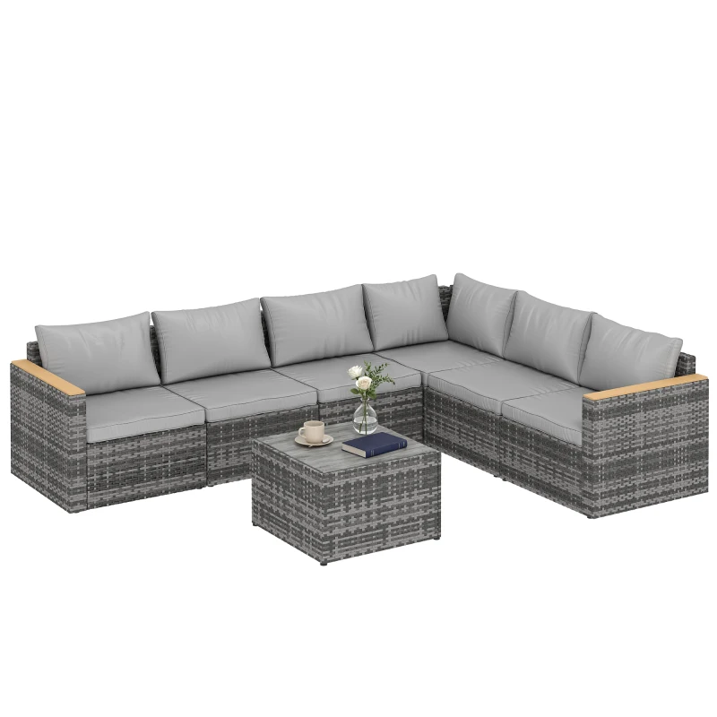 Outsunny 7 Piece Patio Furniture Set, L-Shaped Wicker Outdoor Sectional Sofa with Faux Wood Coffee Table, Cushions, Light Grey