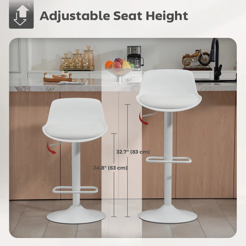 HOMCOM Counter Height Bar Stools Set of 2, Streamlined Bar Chairs with Adjustable Height and Swivel PU Leather Seat, White