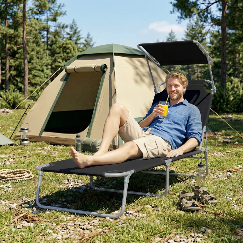 Outsunny Outdoor Pool Chaise Lounge Chair, Folding Tanning Chair with Sun Shade, Black