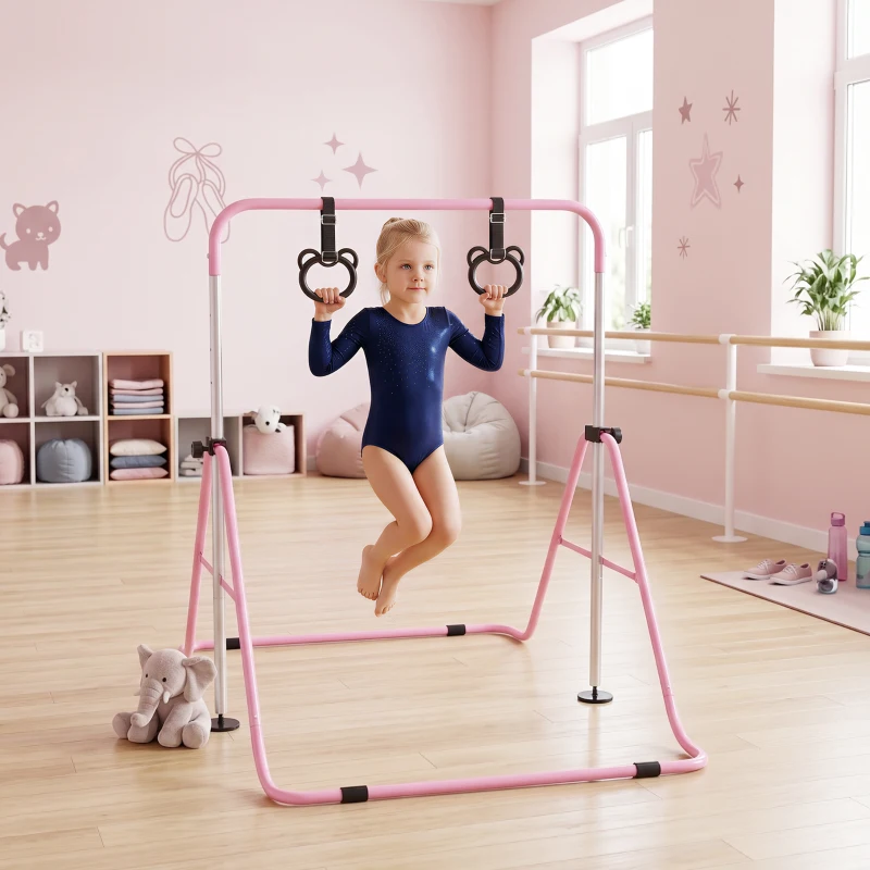 Qaba Kids Gymnastics Bar, Adjustable Height Folding Horizontal Bar with Gymnastics Rings, Non-slip Rubber Floor Rings, Pink