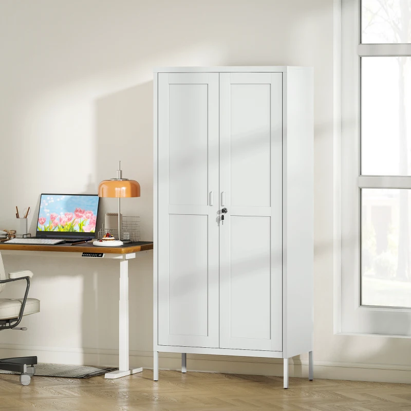 HOMCOM Office Storage Cabinet, Lockable Filing Cabinet with 3 Adjustable Shelves and 2 Doors for Home Office, Garage, White