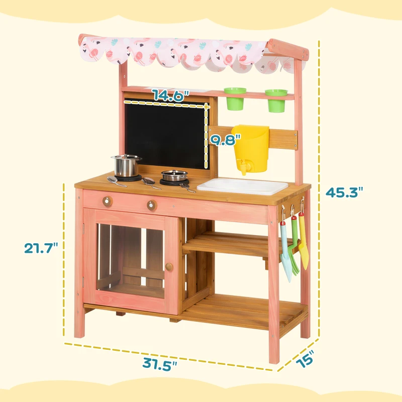 Qaba Kids Mud Kitchen with Canopy, Outdoor Wooden Play Kitchen with Planter Box, Accessories for Age 3-6, Pink