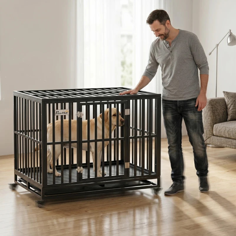 PawHut 45" Heavy Duty Dog Crate, Escape-Proof Steel Kennel with Wheels, Black