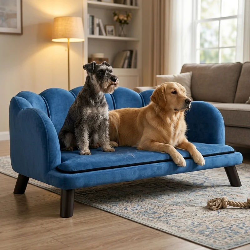 PawHut Pearl Design Pet Sofa for Medium and Large Sized Dogs, Pet Bed with Cushion and Solid Wood Legs, Dark Blue