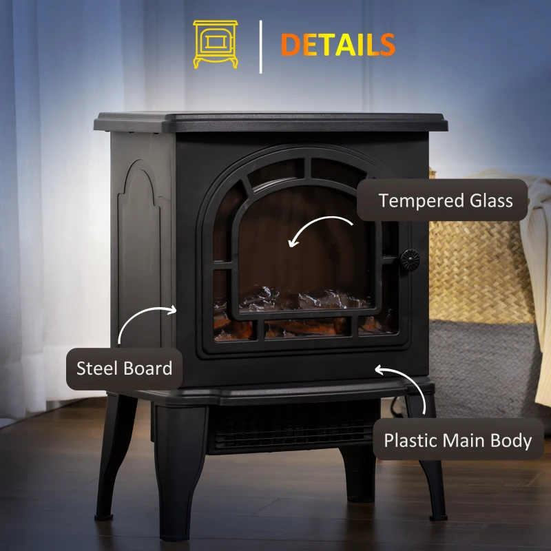 HOMCOM 18" Electric Fireplace Stove, Freestanding Fireplace Heater with Realistic LED Flame, Adjustable Temperature, Overheat Protection, 750W/1500W, Black