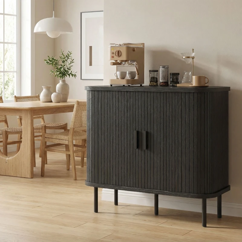 HOMCOM 35.4" Sideboard Buffet Cabinet with Storage, Nordic Coffee Bar Cabinet with Slatted Tambour Doors and Metal Legs, Black