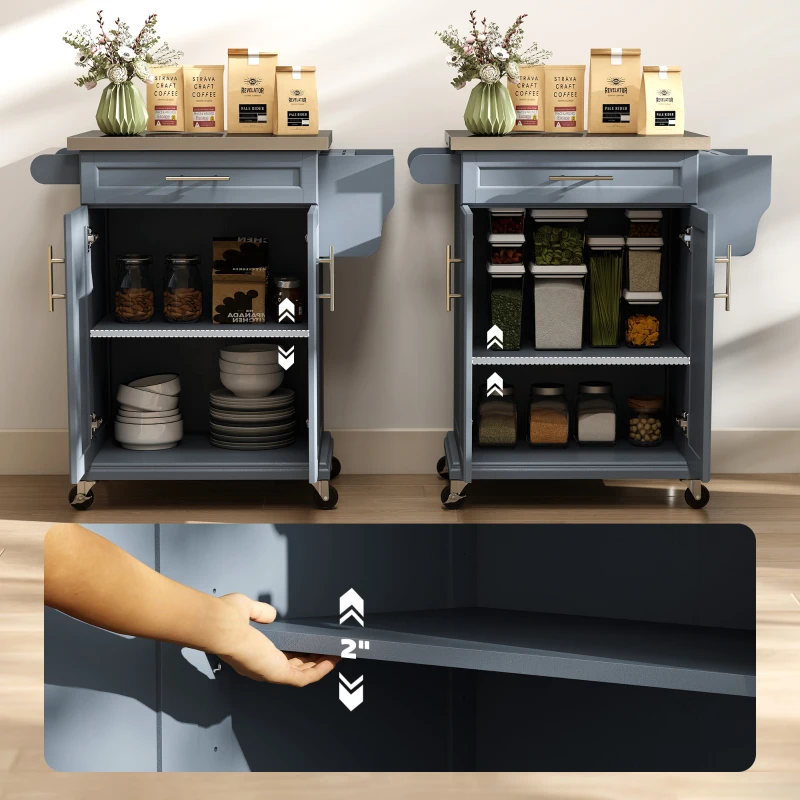 HOMCOM Kitchen Island with Wheels, Rolling Kitchen Island with Storage, Stainless Steel Countertop for Dining Room, Deep Blue