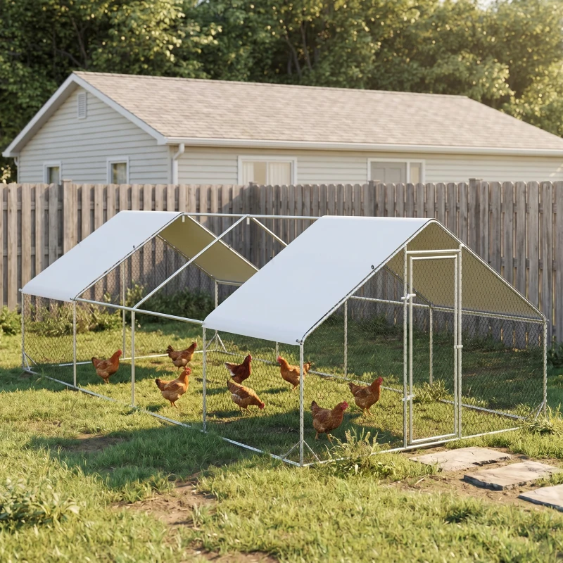 PawHut Large Chicken Coop Metal Chicken Run with Waterproof and Anti-UV Cover, Spire Shaped Walk in Fence Cage Hen House for Outdoor and Yard Farm Use, 1" Tube Diameter, 9.8' x 26.2' x 6.6'(m-12)