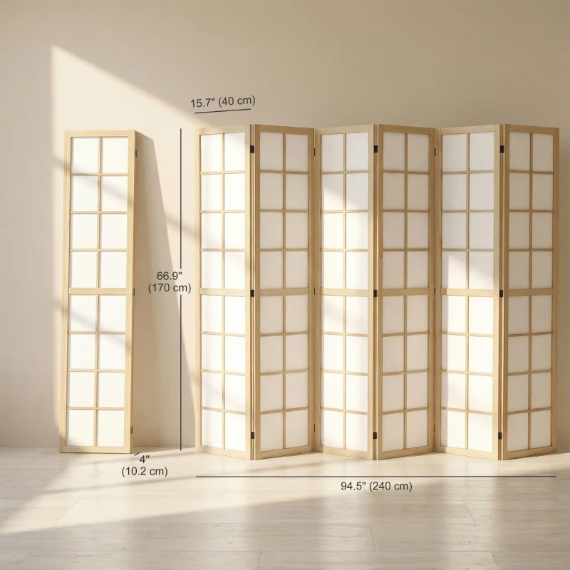 HOMCOM 6 Panel Room Divider, 5.6 ft Folding Wall Divider Room Partition for Home Office, Bedroom, Living Room, Natural Wood
