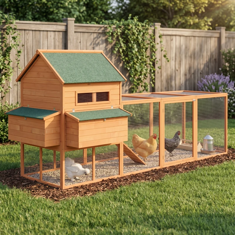 PawHut 137" Chicken Coop for 8-10 Chickens, Large Chicken House, Wooden Poultry Hen Cage with Nesting Box and Run for Backyard, Orange