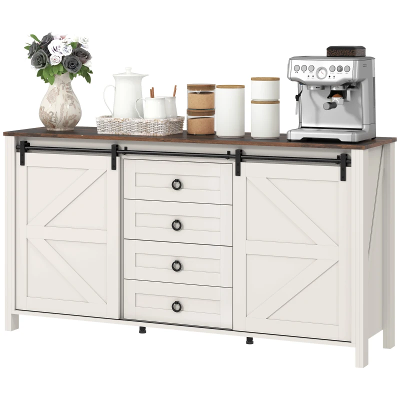 HOMCOM 60" Buffet Cabinet, Farmhouse Sideboard with Sliding Barn Doors, Drawers and Adjustable Shelves, Cream White
