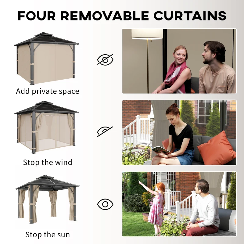 Outsunny 10' x 10' Hardtop Gazebo with 7mm Polycarbonate Double-Tier Roof, Outdoor Gazebo with Netting and Curtains, Khaki