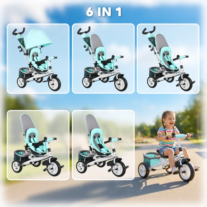 Qaba 6 in 1 Tricycle for Toddler 1-5 Years with Parent-Push Handle, Green
