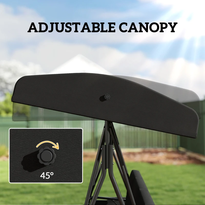 Outsunny 3-Seat Outdoor Porch Swing Patio Swing with Adjustable Canopy, Side Tray, Removable Cushion for Garden, Poolside, Black