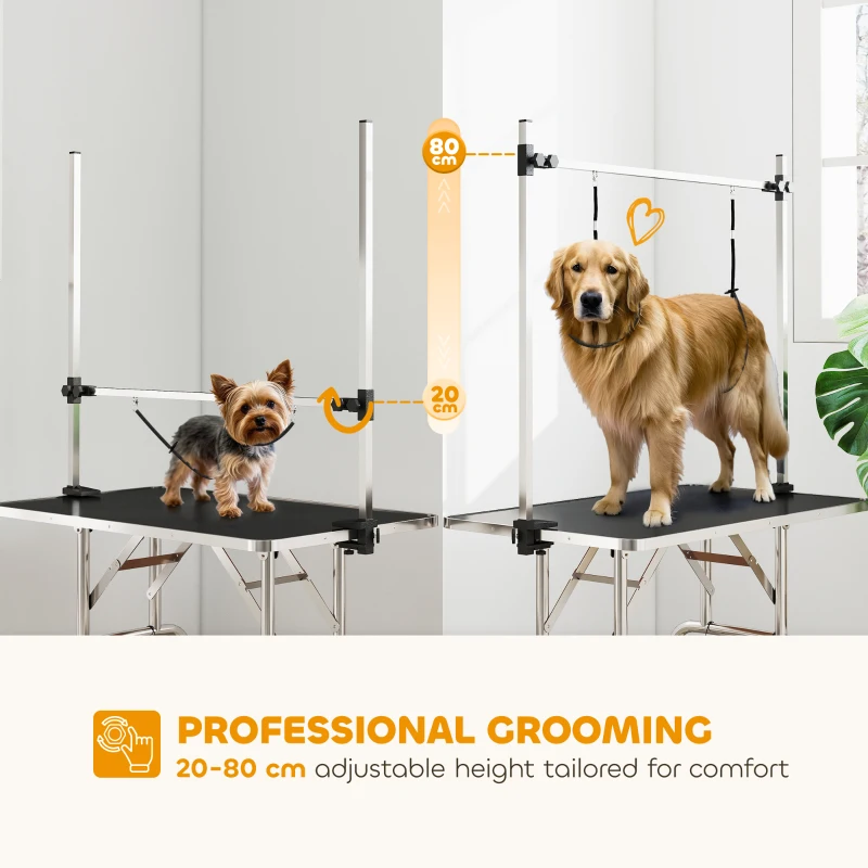 PawHut Adjustable Dog Grooming Table with 2 Safety Slings, Storage Basket, Black