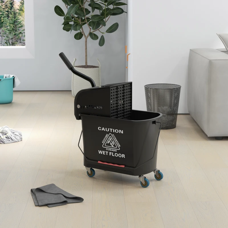 HOMCOM Compact Mop Bucket with Wringer, Mop Bucket on Wheels, 5 Gallon, Separate Dirty and Clean Water, Black