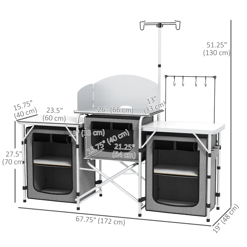 Outsunny Aluminum Camping Kitchen, Portable Folding Camping Table with Fabric Cupboards, Windshield, Bag for BBQ, Picnic, Grey