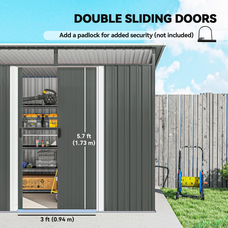 Outsunny 9' x 6.5' Outdoor Metal Garden Shed Utility Tool Storage Steel Backyard House, Dark Grey