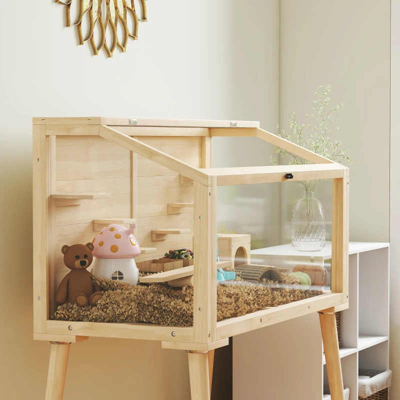 PawHut Wooden Hamster Cage, Hamster Habitat with Openable Top, Seesaws, Platforms, Water Bottle for Gerbils, 43.3"x20.5"x39.8"