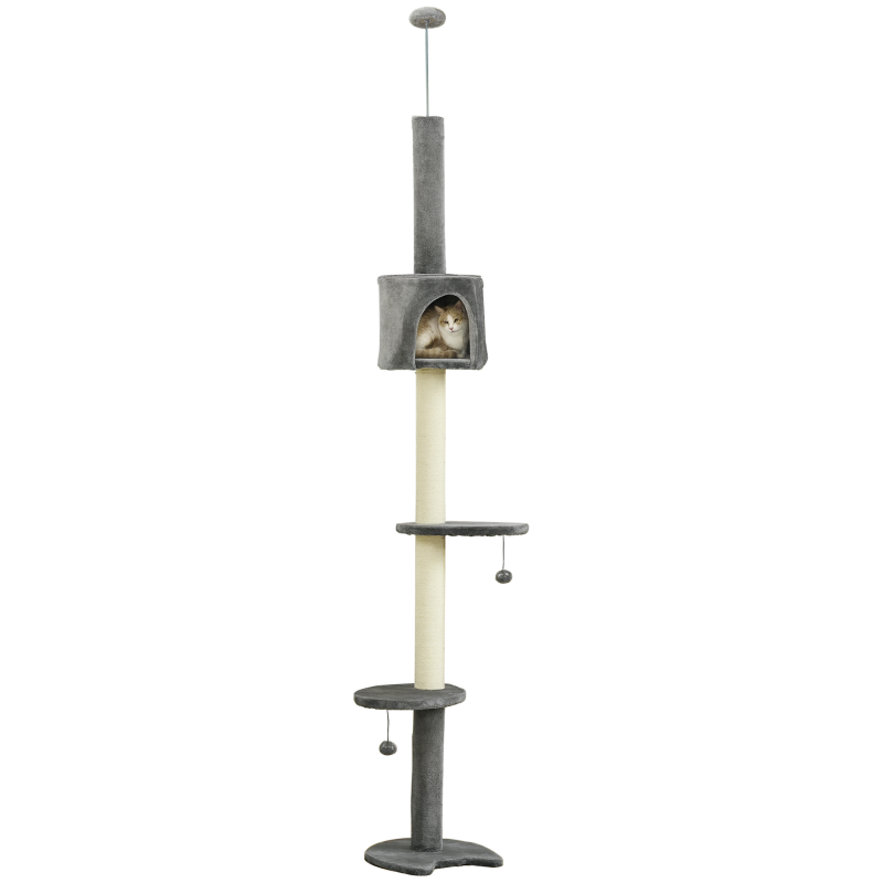 PawHut 4-Tier Floor to Ceiling Cat Tree, Tall Cat Tower with Scratching Post, Plush Padding, Toy Ball, Cat Condo for Indoor Cats, Light Grey