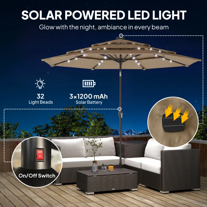 Outsunny 9.7 ft Outdoor Patio Umbrella with Solar LED Lights, 3 Tier Outdoor Table Umbrella with Tilt, Crank, Khaki