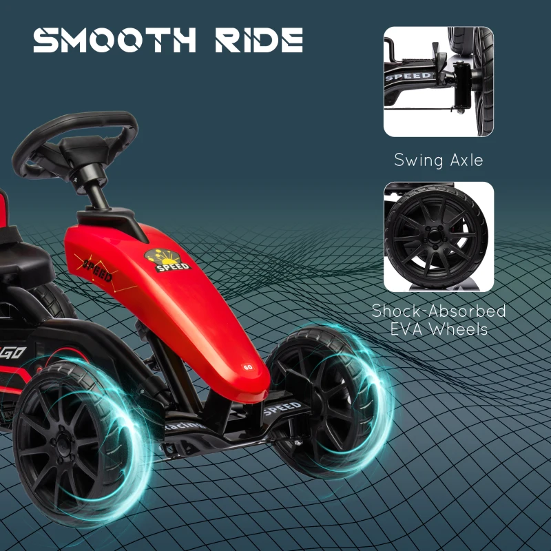 Aosom Pedal Go Kart for Kids, Pedal Car with Swing Axle, Adjustable Bucket, Handbrake, 4 EVA Wheels Powered Ride, Indoor Foot Racer, for 3-8 Years Old, Red