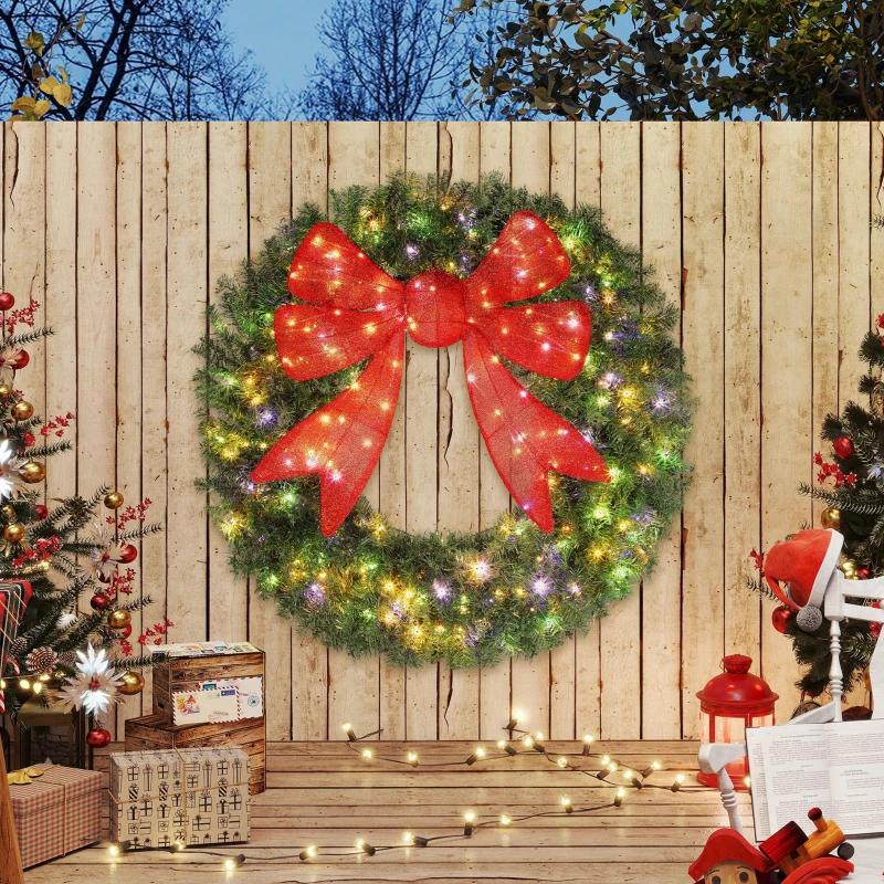 HOMCOM 48in Pre-Lit Christmas Wreath with 3D Red Bow, 11 Lighting Modes, Front Door Christmas Wreath with Remote