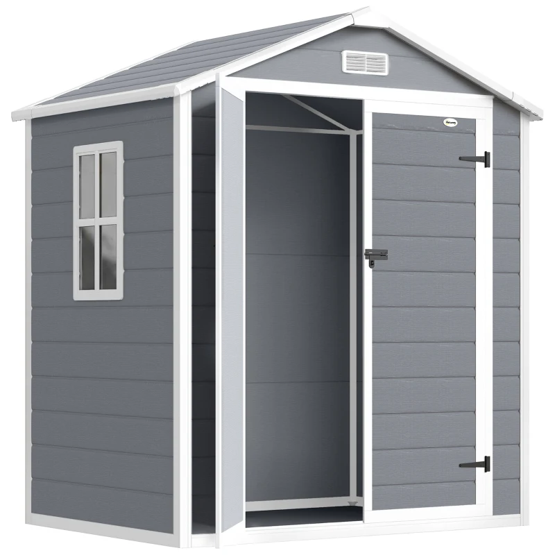 Outsunny 6x4.5FT Plastic Shed, Lockable Garden Tool Storage House with Double Doors and Vent, Grey