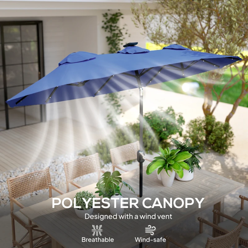 Outsunny Double-sided Patio Umbrella, 9.7' Outdoor Umbrella with Tilt and Crank, LED Solar Light and 12 Ribs, Navy Blue