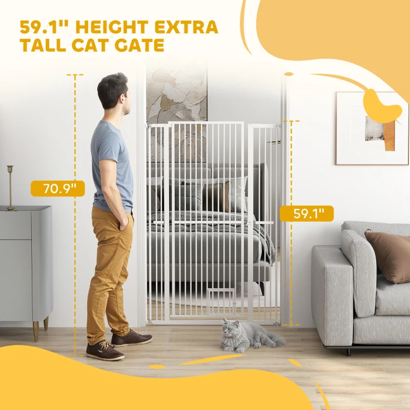 PawHut 59" Extra Tall Pet Gate, 30"-41" Dog Gate with Cat Door, 1.4" Narrow Gap, 2.8" and 5.5" Extension, for Doorway, Hallway