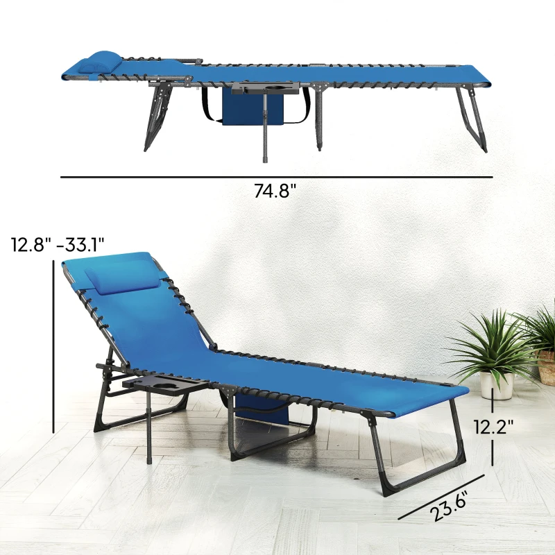 Outsunny Folding Outdoor Chaise Lounge Chair Tanning Chair with 5-Level Adjustable Back, Side Table, Pillow, Pocket, Blue