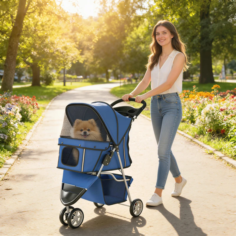 PawHut 3 Wheels Foldable Dog Stroller with Storage Basket, Adjustable Canopy, Cupholder for Miniature and Small Dogs, Blue