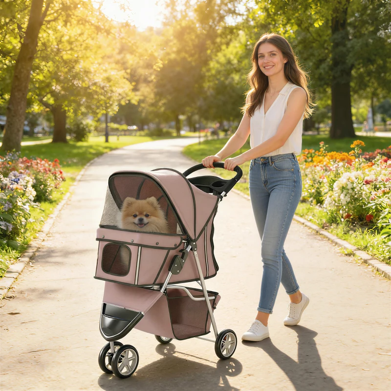 PawHut 3 Wheels Foldable Dog Stroller with Storage Basket, Adjustable Canopy, Cupholder for Miniature and Small Dogs, Coffee