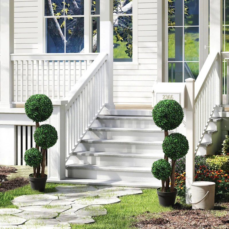 HOMCOM 35 Inch Potted Fake Plant Set of 2, Artificial Boxwood Topiary Tree, Triple Ball Tree for Indoor and Outdoor, Green