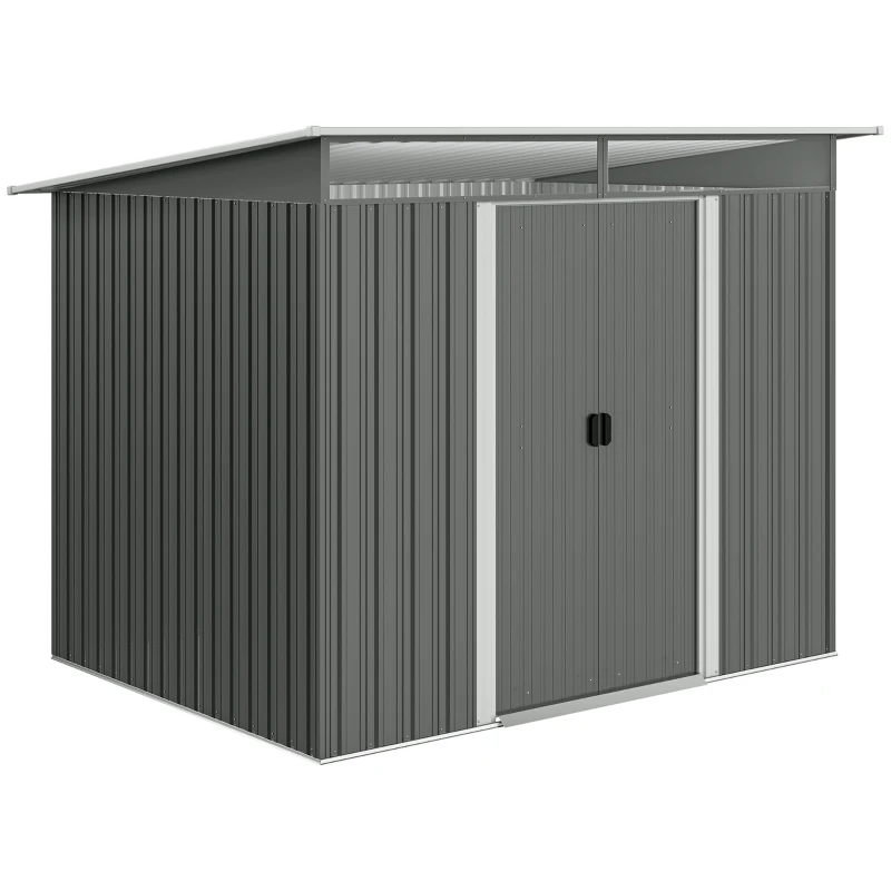 Outsunny 9' x 6.5' Outdoor Metal Garden Shed Utility Tool Storage Steel Backyard House, Dark Grey