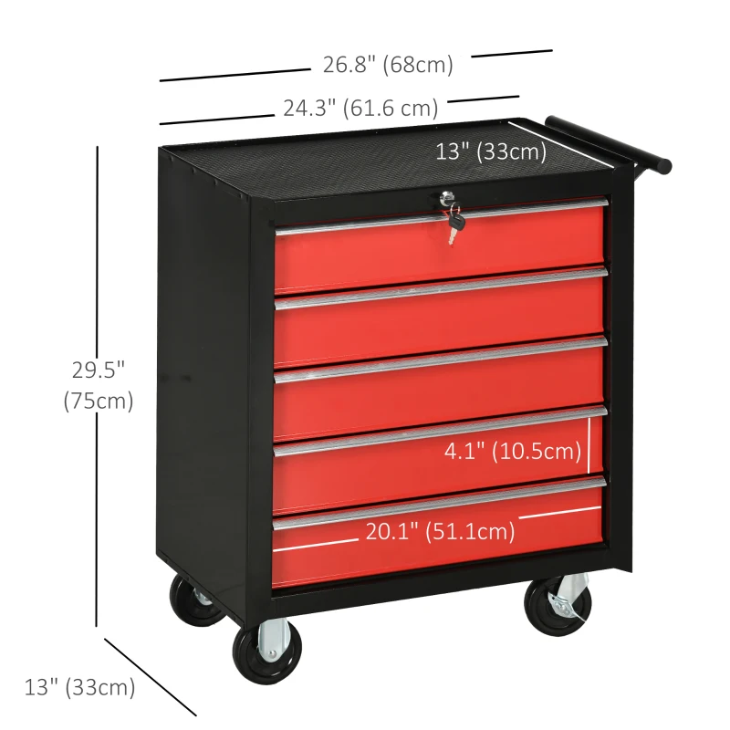 HOMCOM 5 Drawer Roller Tool Chest, Lockable Toolbox, Storage Organizer with Handle for Workshop Mechanics Garage, Black and Red