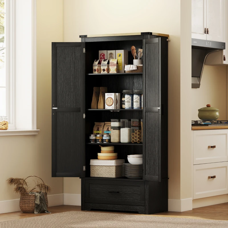 HOMCOM 69" Tall Farmhouse Kitchen Pantry Cabinet with 2 Doors, Drawer and Adjustable Shelves, Black and Brown